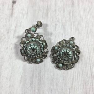 Vintage Celluloid Floral Filigree Screwback Earrings with Turquoise Accents
